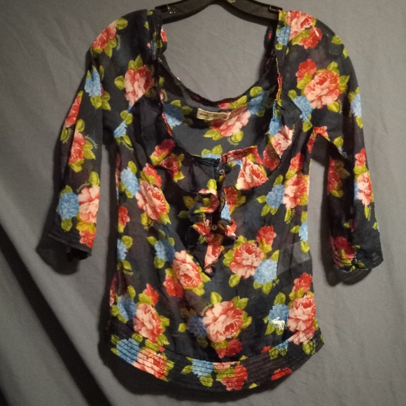 EUC Navy & Pink Abercrombie  3 button ruffle Kids Floral Blouse- Girls L - Picture 2 of 12